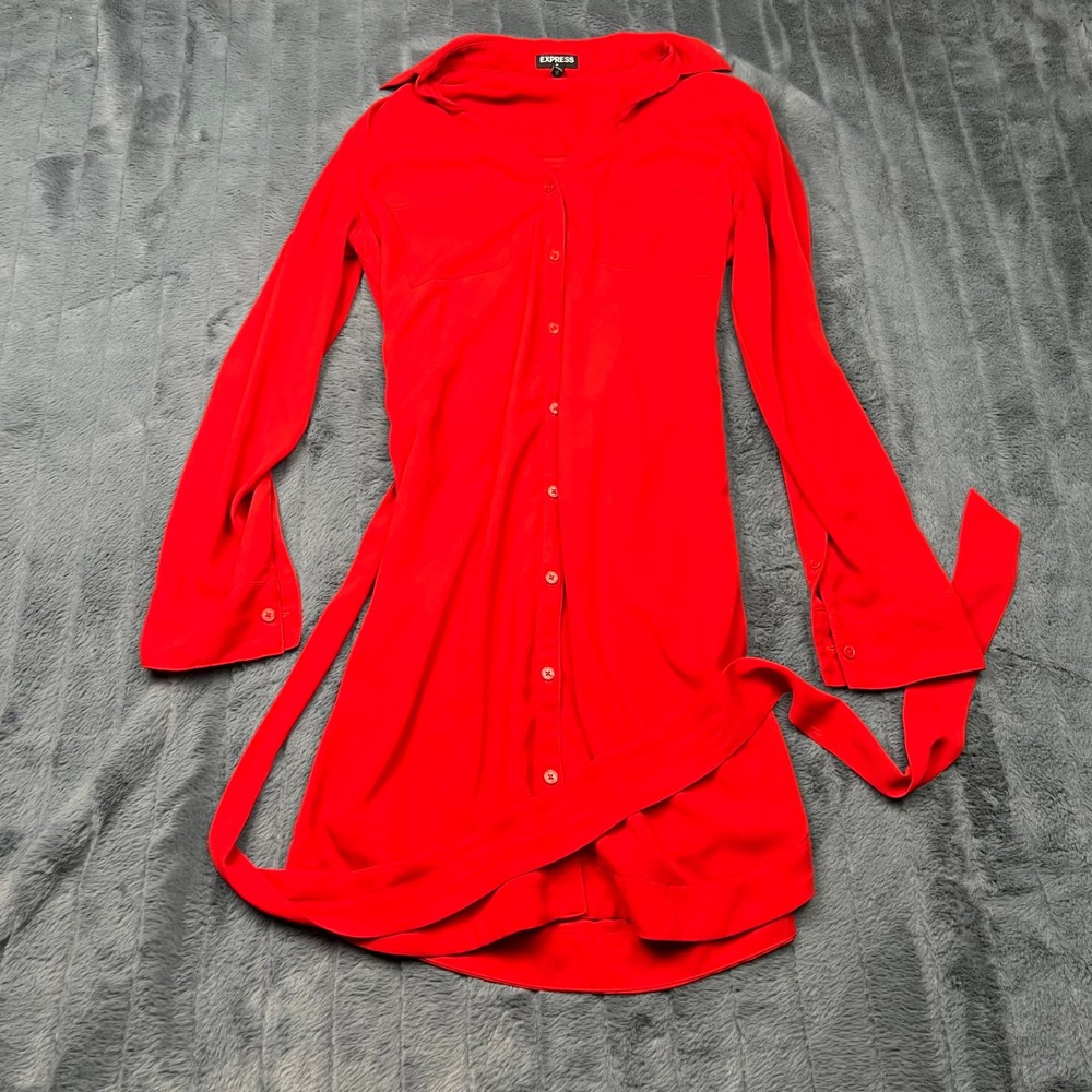Express Womens Red Long Sleeve Button Down Belted Shirt Dress Size Small 15745
